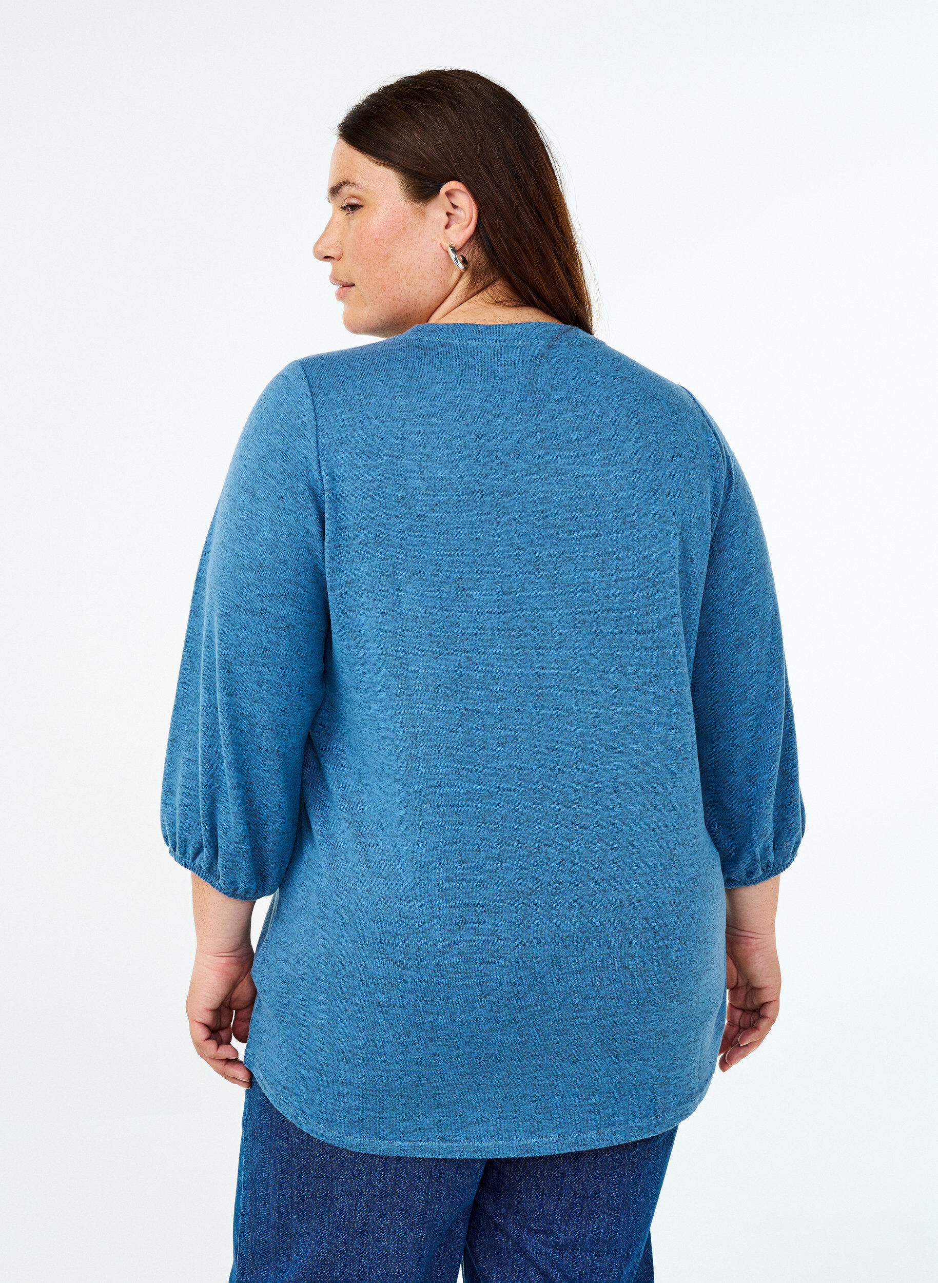 Zizzi Bluse med blomsterbroderi og 3/4-&aelig;rmer, Copen Blue Melange, Model image number 1