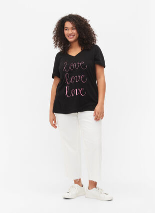 Bomulds t-shirt med v-hals og tryk, Black W. Love, Model image number 2