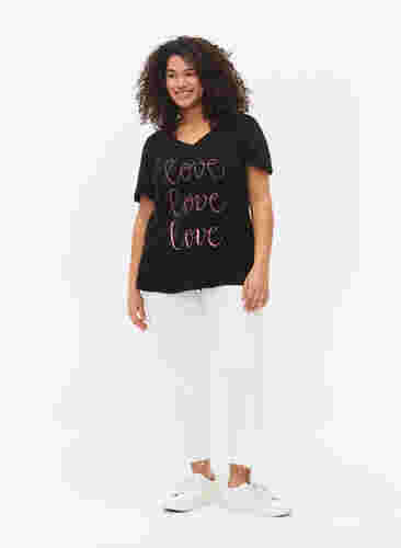 Bomulds t-shirt med v-hals og tryk, Black W. Love, Model image number 2