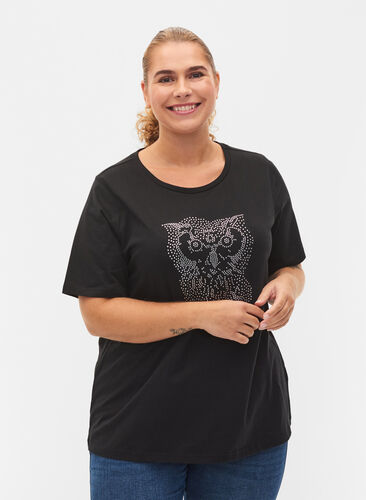T-shirt med nitter i økologisk bomuld, Black Owl, Model image number 0