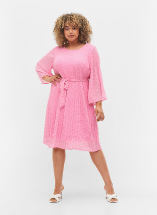 Plissé kjole med bindebånd, Pink Ditzy Flower, Model image number 2