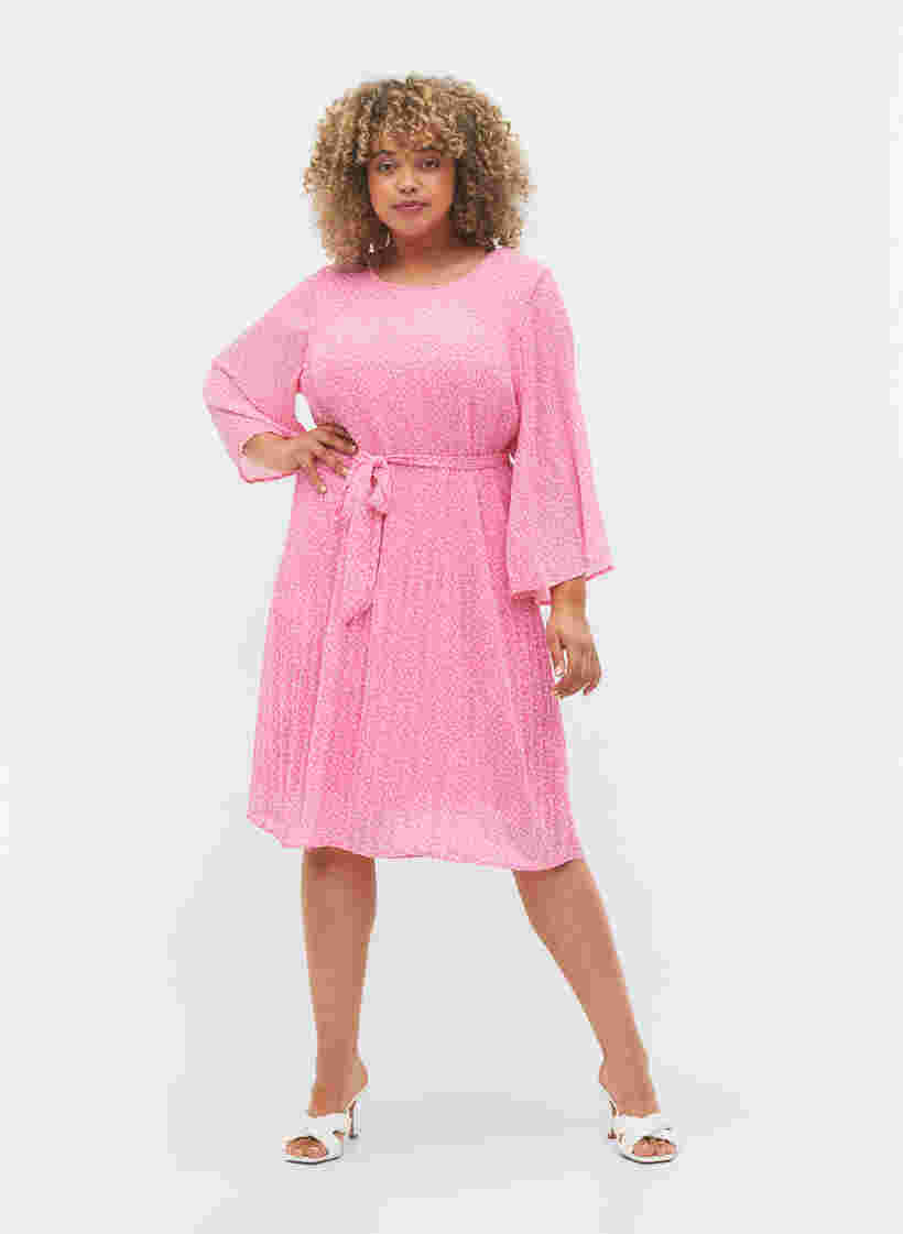 Plissé kjole med bindebånd, Pink Ditzy Flower, Model image number 2