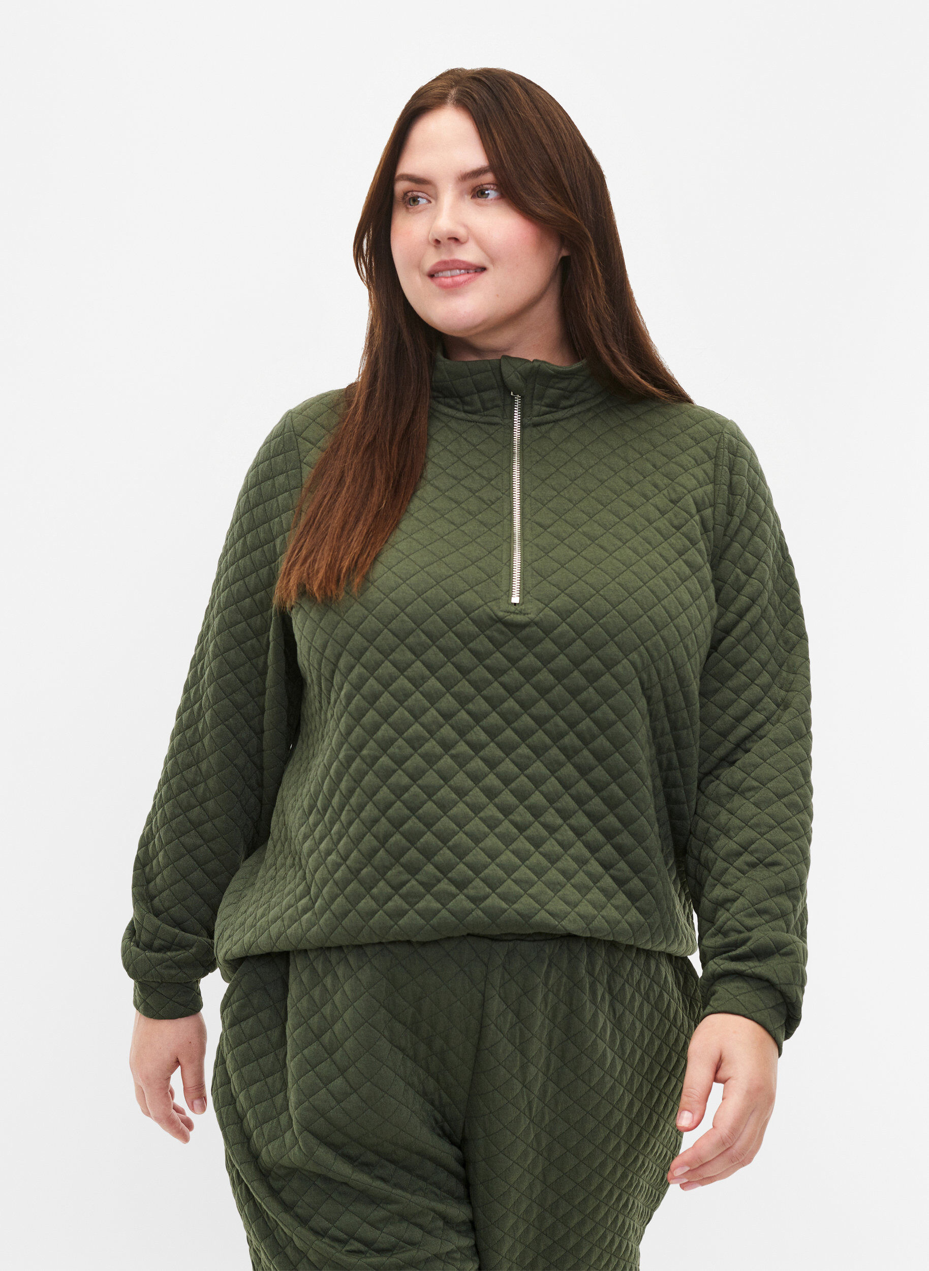 Zizzi Quiltet sweatshirt med lynl&aring;s, Thyme, Model image number 0