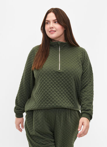 Quiltet sweatshirt med lynlås, Thyme, Model image number 0