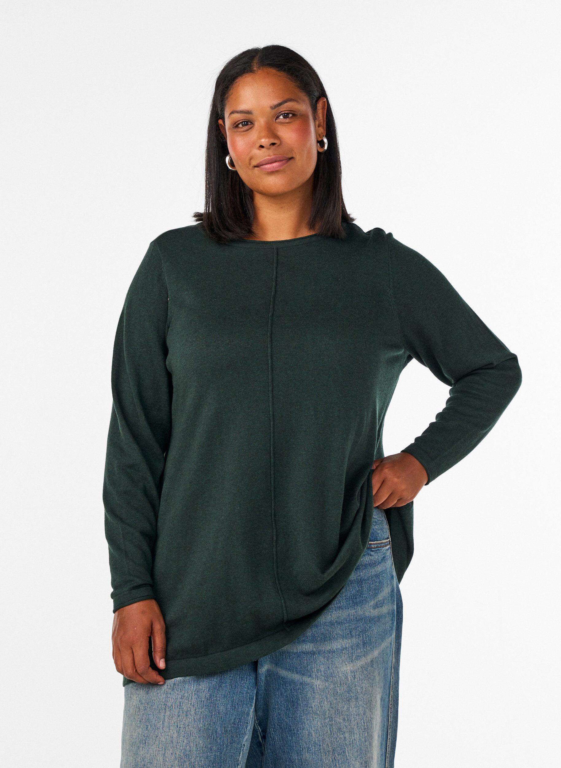 ZizziStrikbluse i bomulds-viskosemix, Gr&oslash;n, Model image number 0