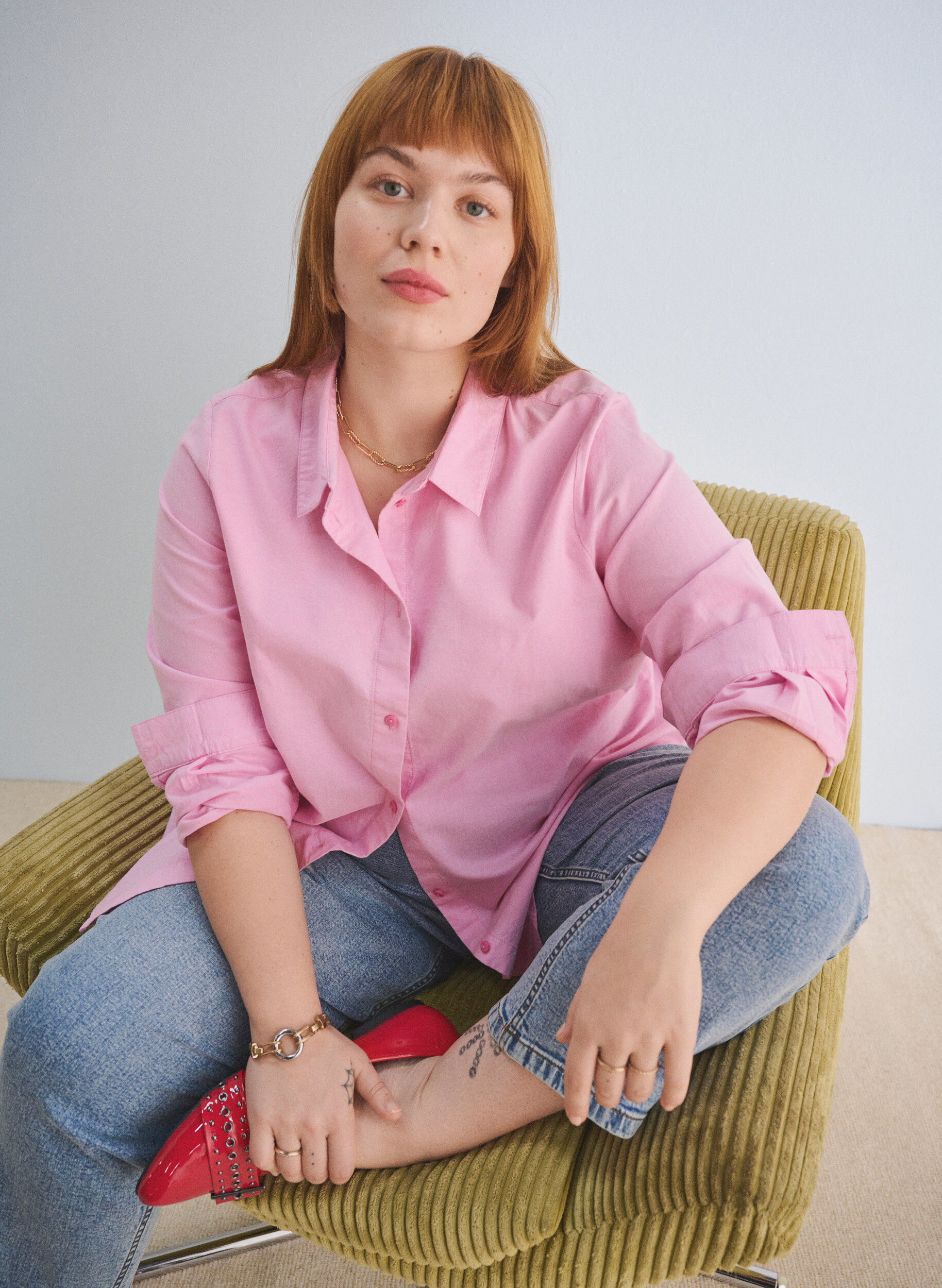 Zizzi Lang&aelig;rmet skjorte i bomuld, Lyser&oslash;d, Image image number 0