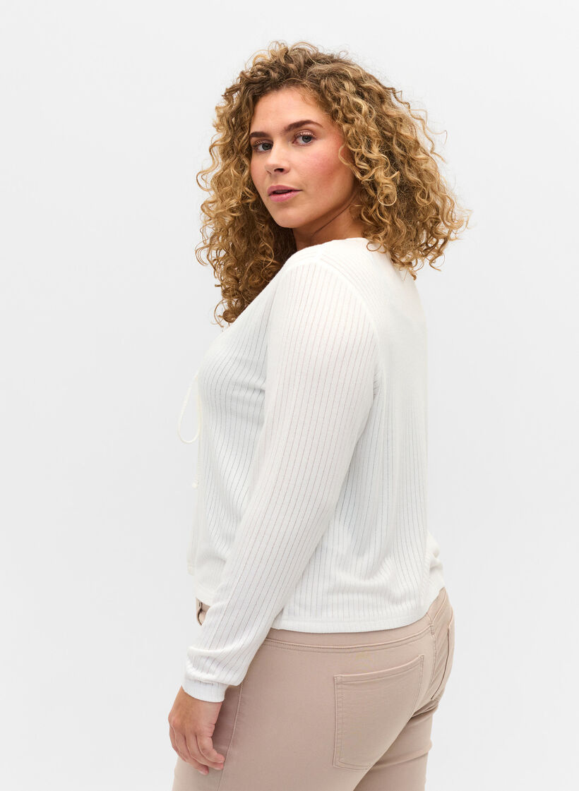 Ribbet cardigan med bindesnøre, White, Model image number 1
