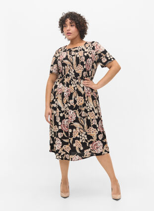 Printet viskose kjole med smock, Paisley Flower, Model image number 2