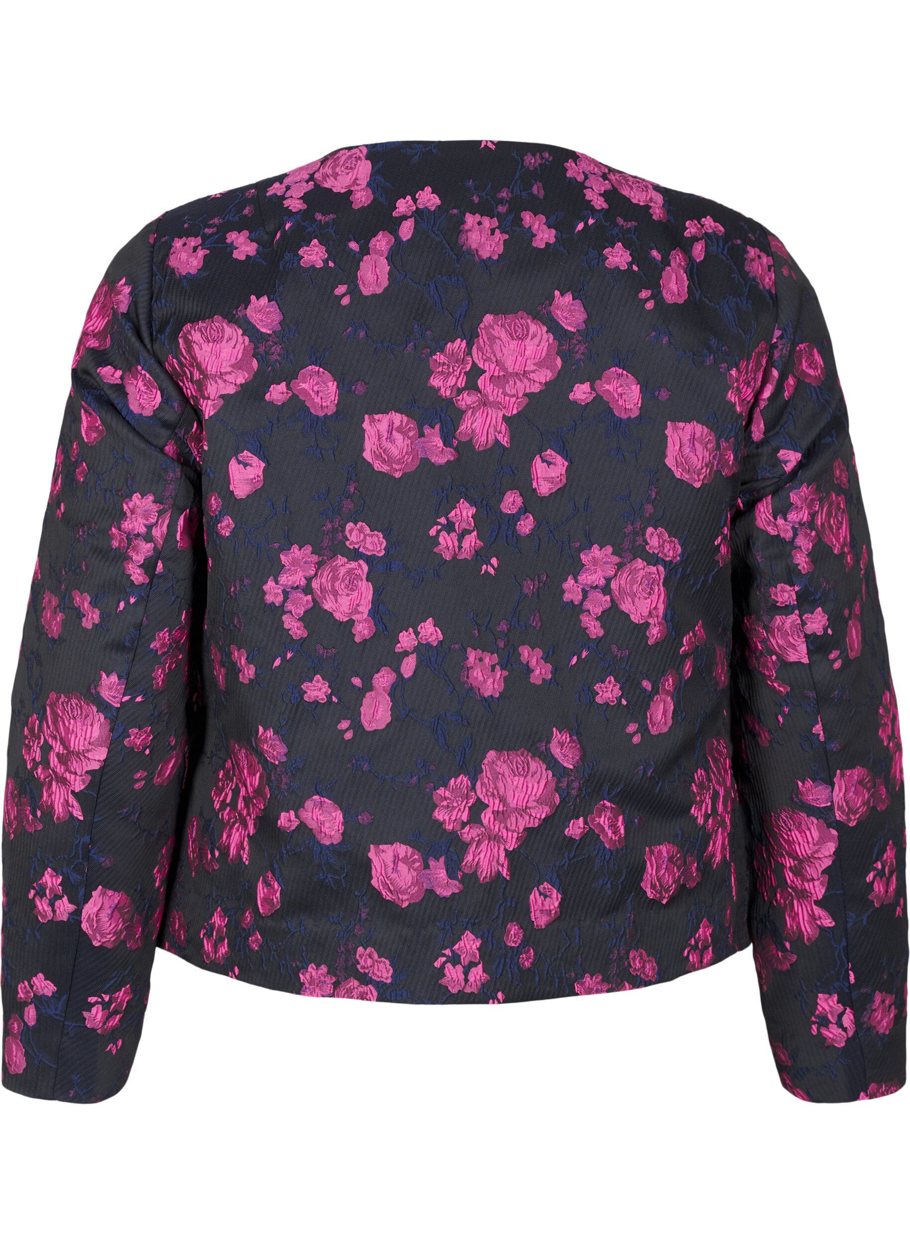 Zizzi Jakke i jacquard med blomsterm&oslash;nster, Black w. Red Rose, Packshot image number 1