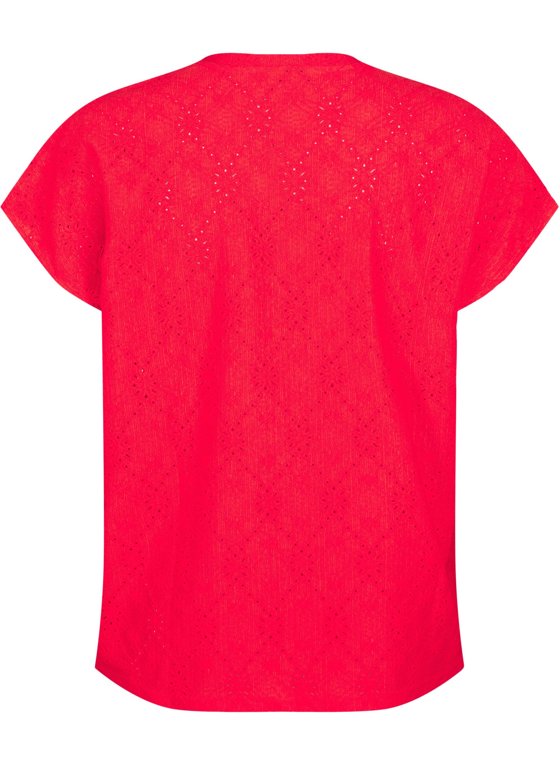 Zizzi Bluse med korte &aelig;rmer og blomsterbroderi, Flame Scarlet, Packshot image number 1