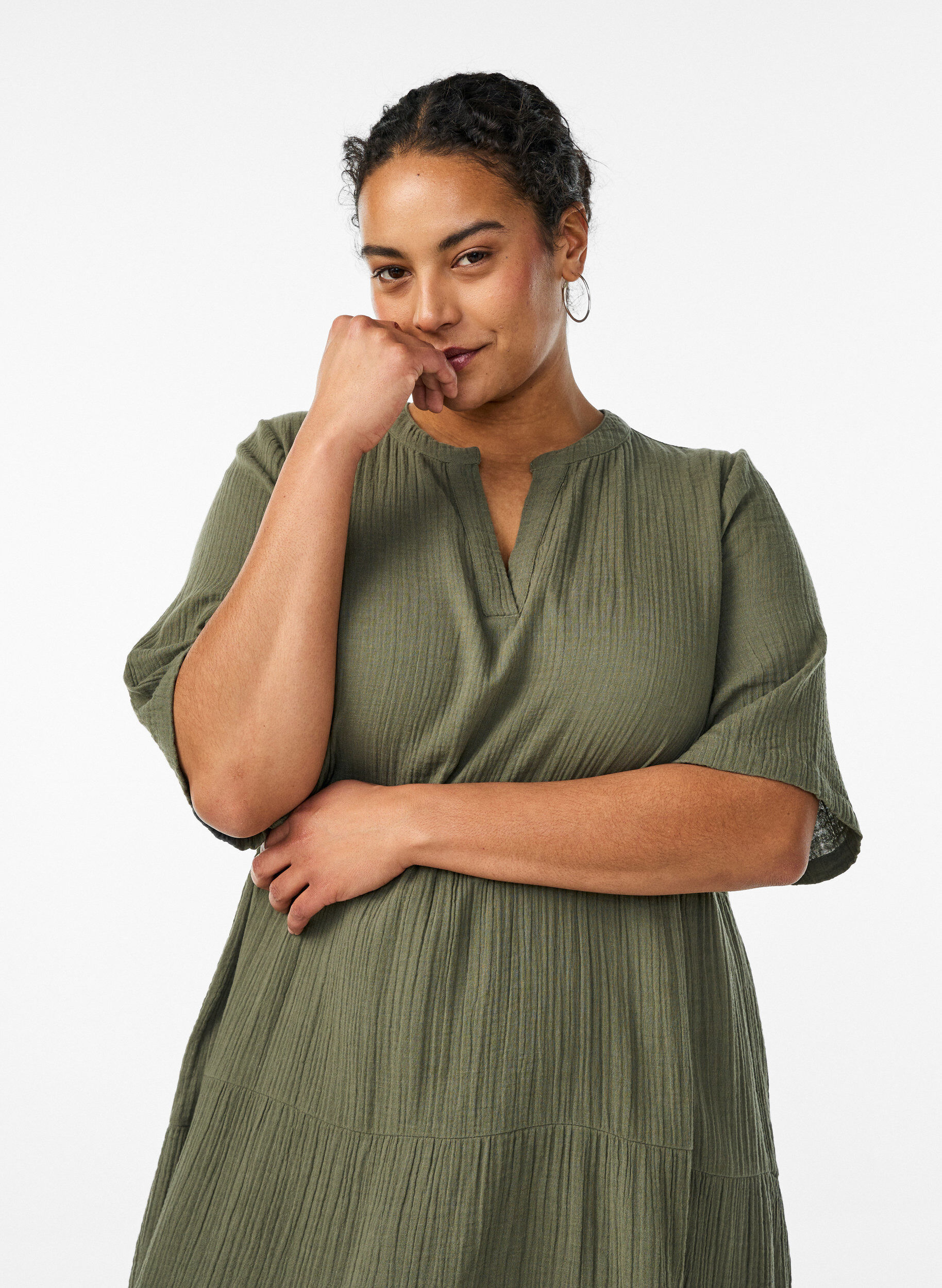 Zizzi A-formet midikjole i bomuldsmusselin, Gr&oslash;n, Model image number 2