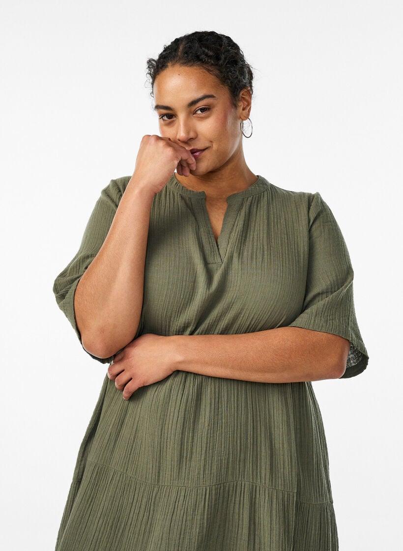 A-formet midikjole i bomuldsmusselin, Gr&oslash;n, Model image number 2