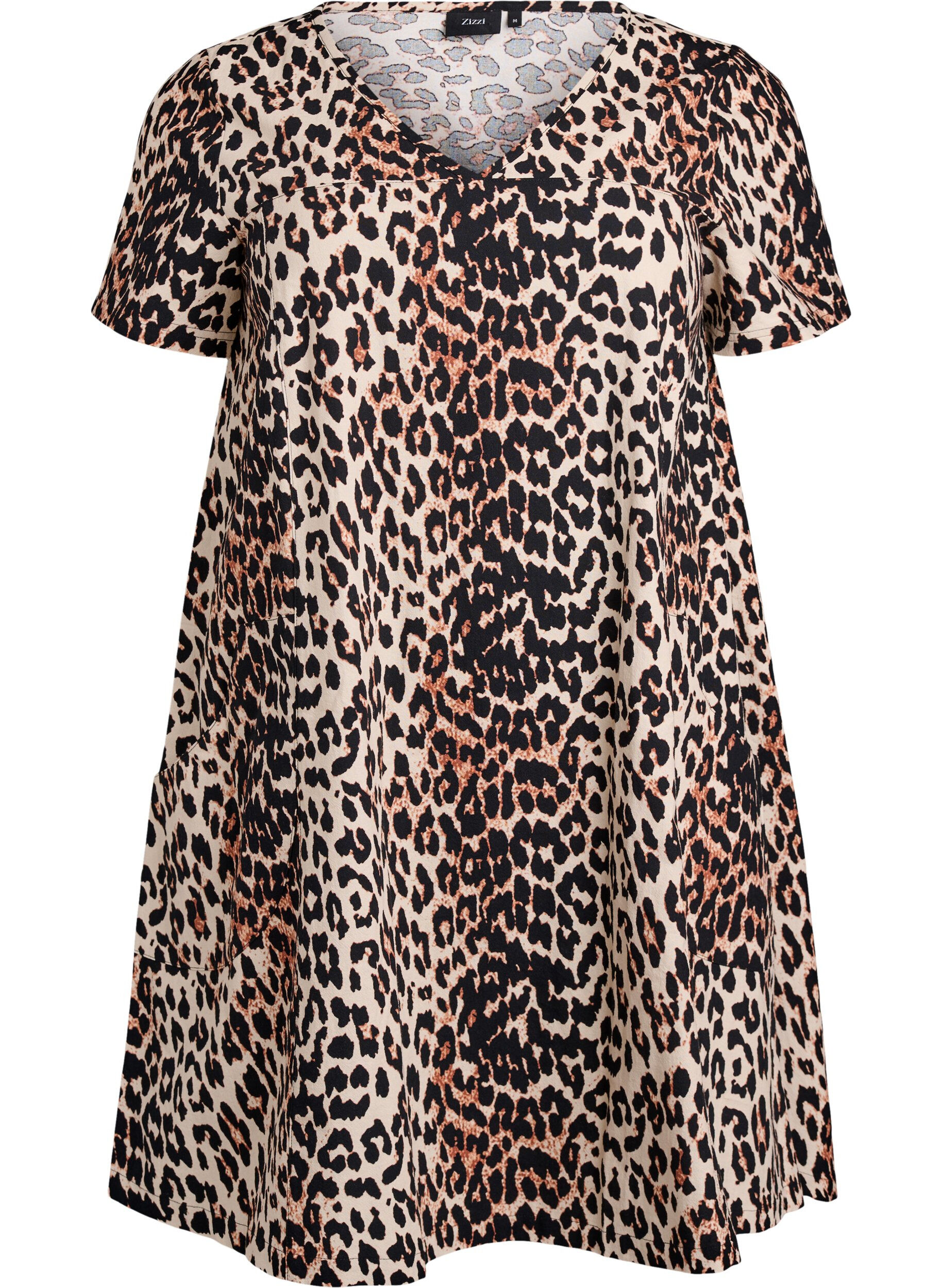 Zizzi Kort a-shape kjole med leopardprint, Brun, Packshot image number 0