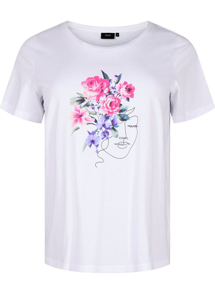 Bomulds t-shirt med blomster og portræt motiv, B. White Face Flower, Packshot image number 0