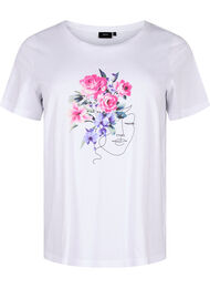 Bomulds t-shirt med blomster og portræt motiv, B. White Face Flower