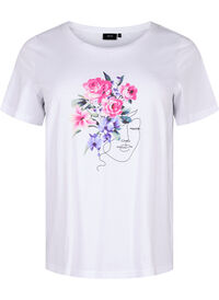 Bomulds t-shirt med blomster og portræt motiv
