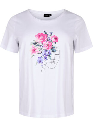 Bomulds t-shirt med blomster og portræt motiv, B. White Face Flower, Packshot image number 0