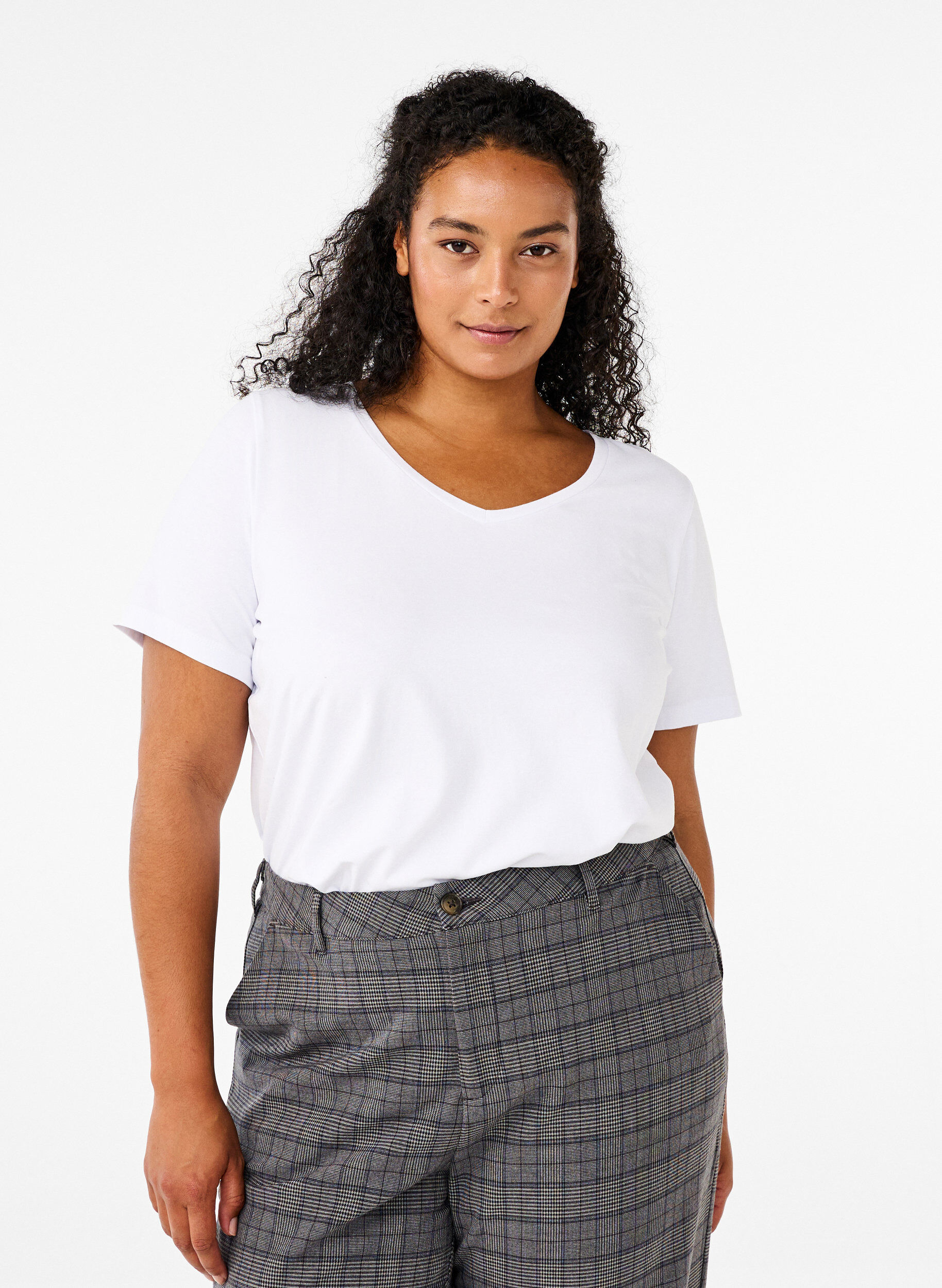 Ensfarvet basis t-shirt i bomuld, Hvid, Model