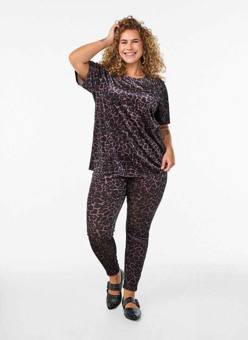 Leggings i velour med leopardmønster, Brun, Model