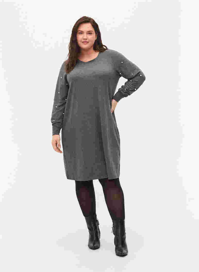 Langærmet kjole med perledetaljer, Dark Grey Melange, Model image number 2