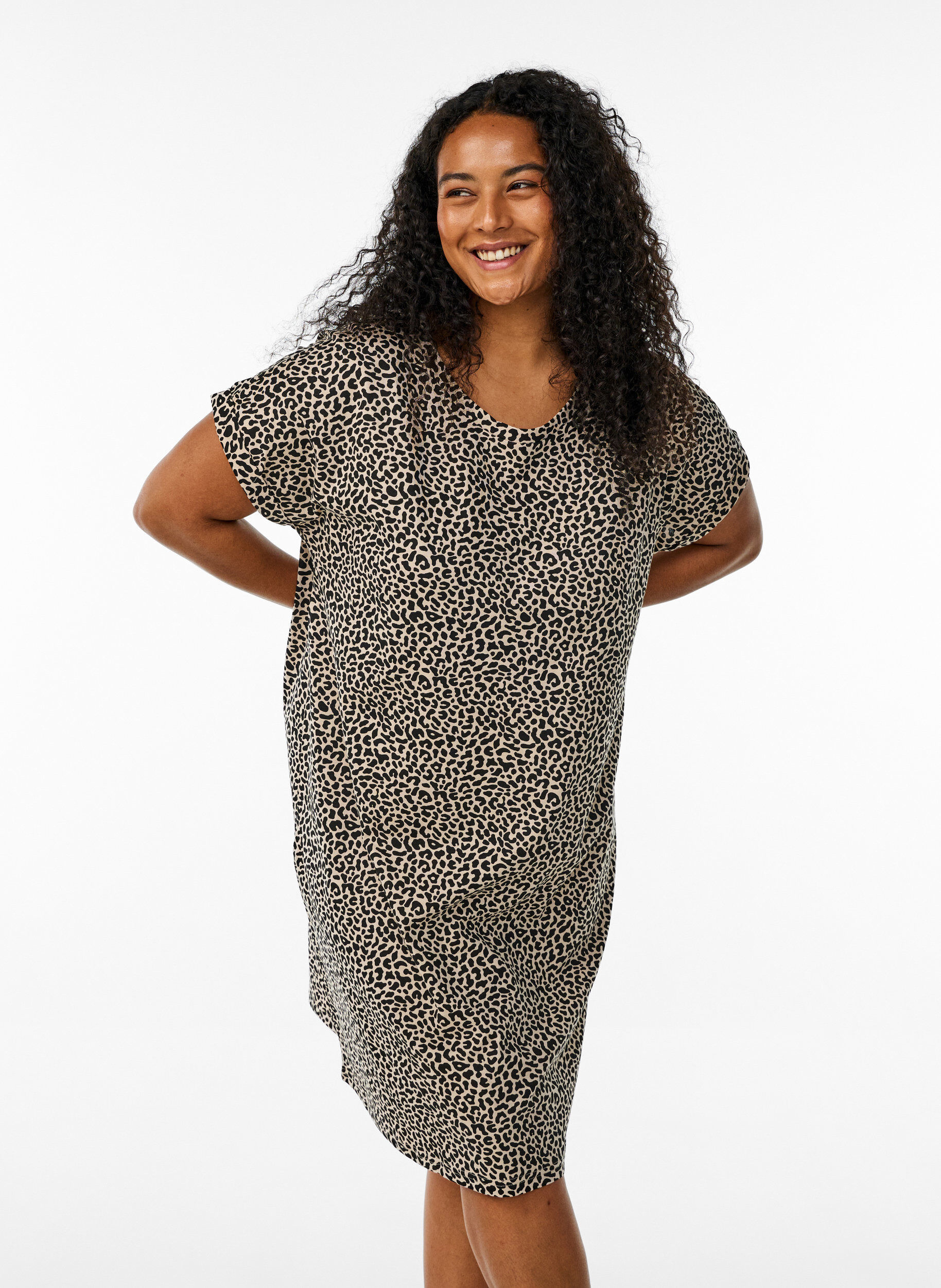 Zizzi 2-pak t-shirt kjole med korte &aelig;rmer, Brun, Model image number 0