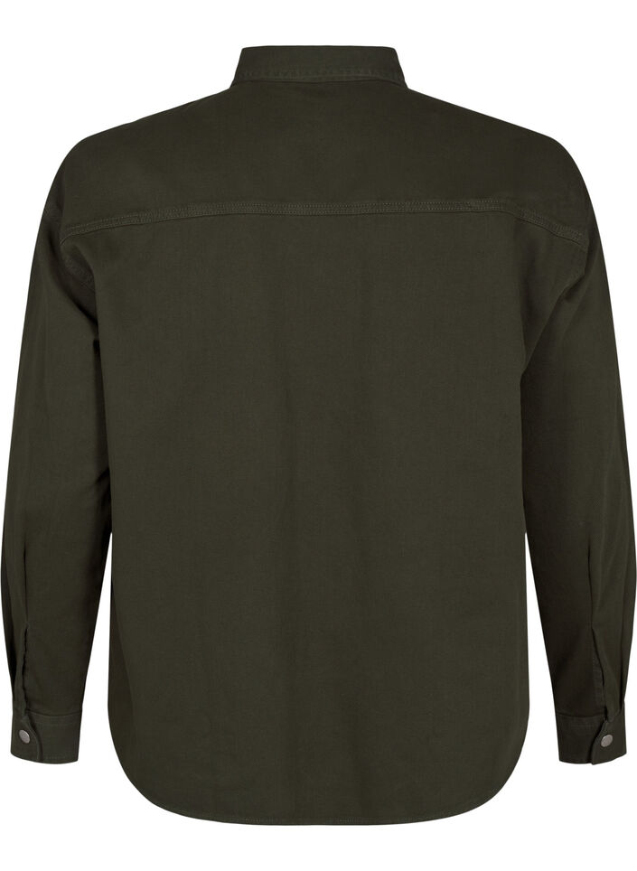 Ensfarvet denimskjorte med brystlommer, Forest Night, Packshot image number 1