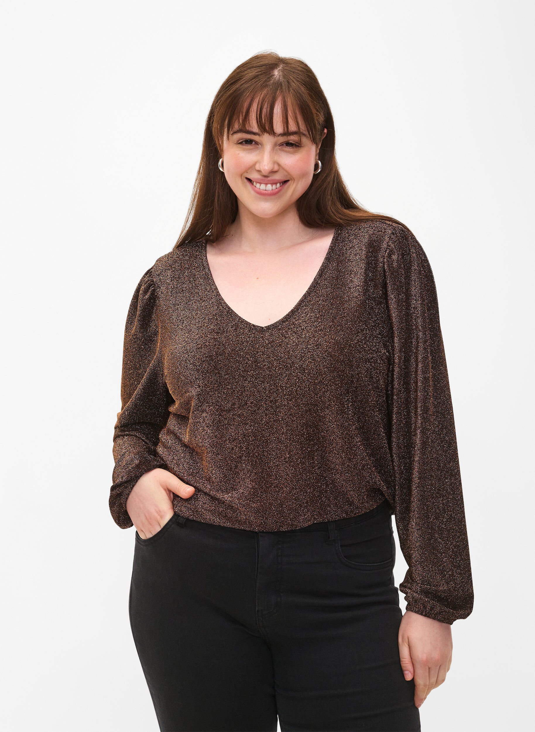 Zizzi Glimmerbluse med puf&aelig;rmer, Black Copper, Model image number 0
