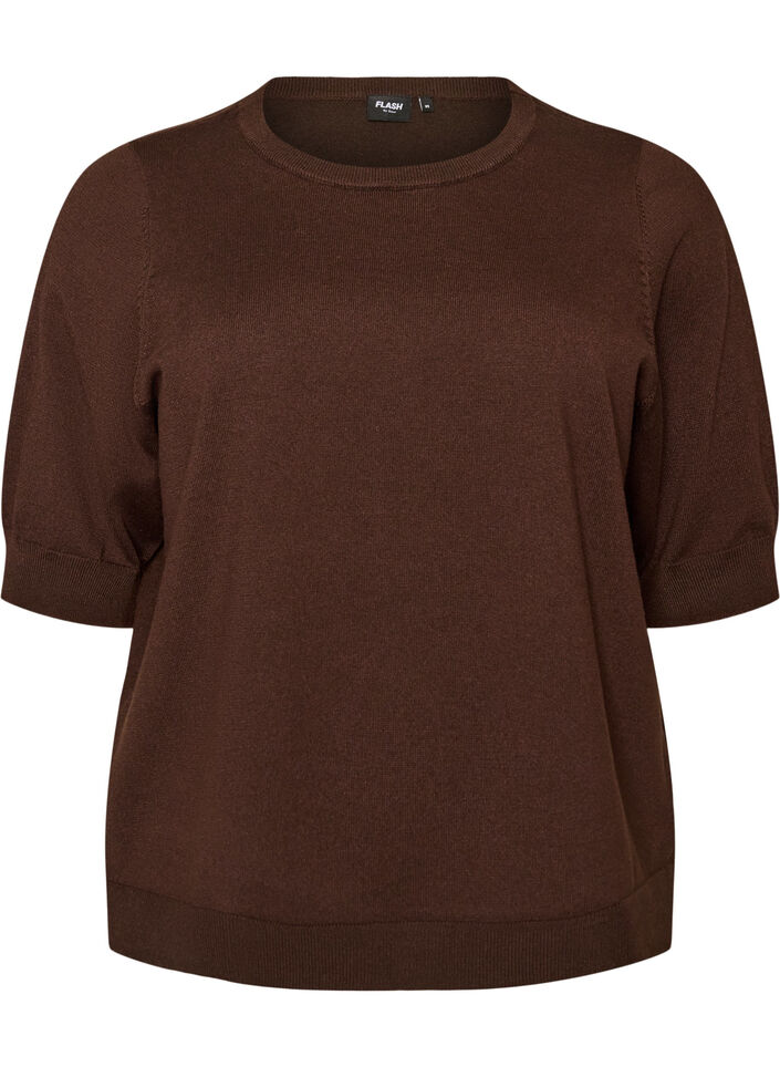Finstrikket bluse med korte &aelig;rmer, Brun, Packshot image number 0