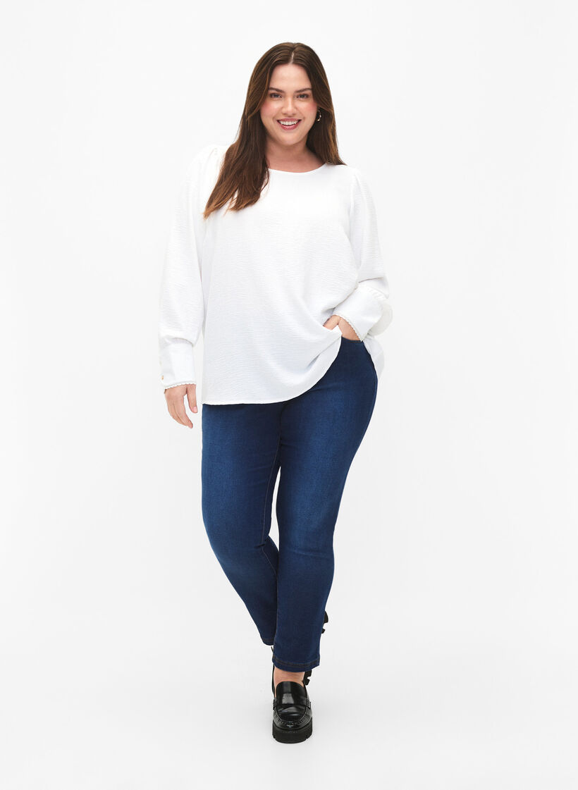 Langærmet bluse med tekstur, Bright White, Model image number 2