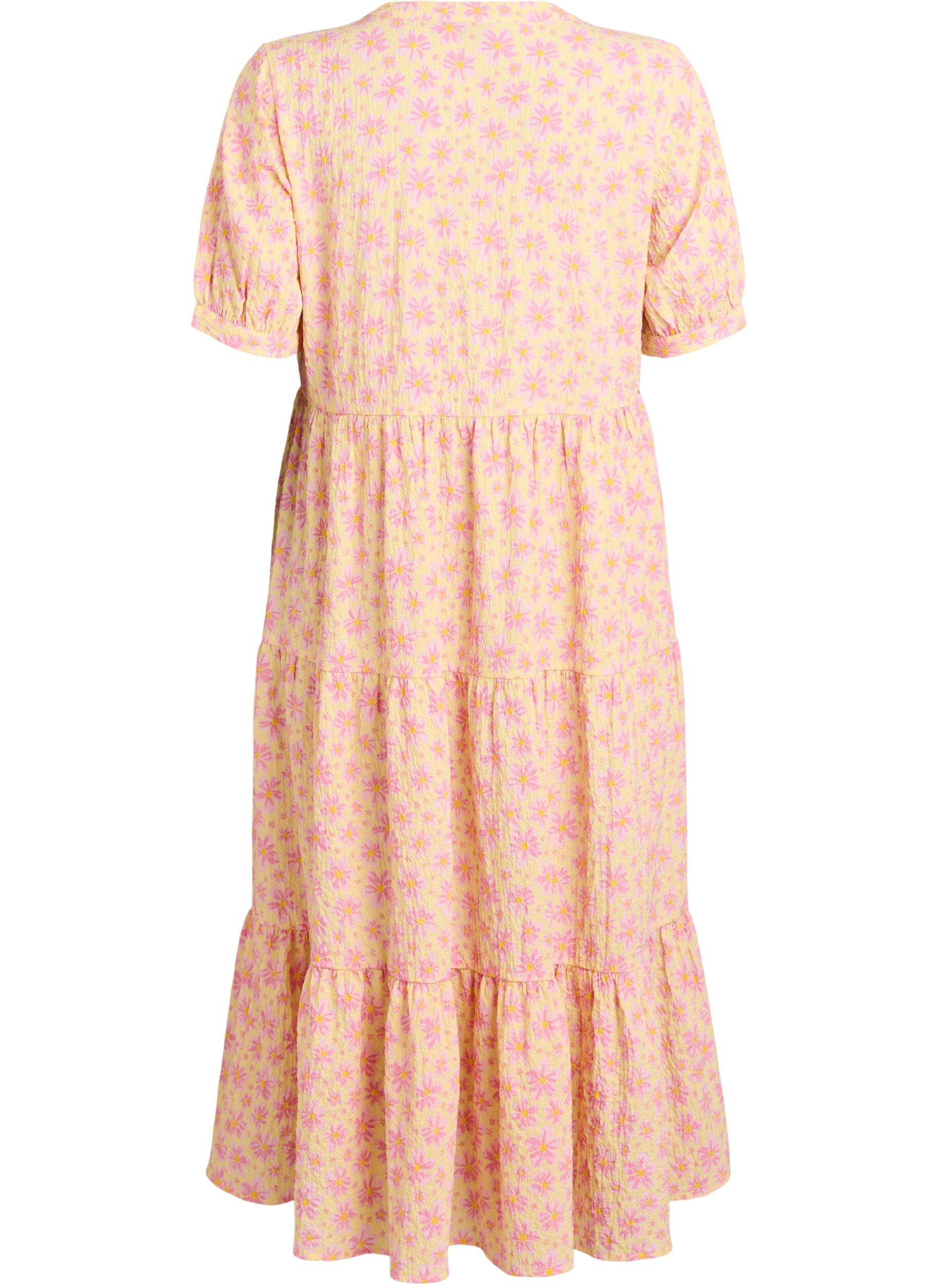 ZizziAnkellang kjole med korte &aelig;rmer og volantlag, Gul, Packshot image number 1