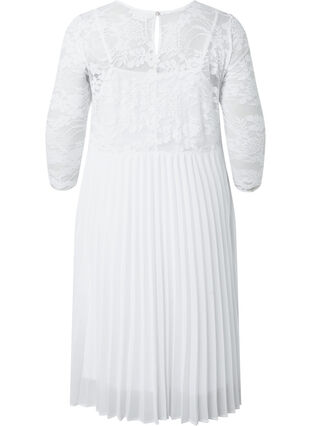 Plisseret kjole med blonder og 3/4 ærmer, Bright White, Packshot image number 1