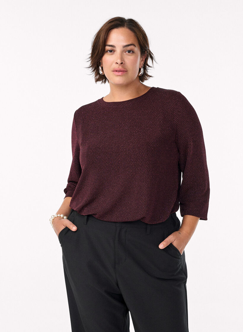 Bluse med sildebensm&oslash;nster og glittertr&aring;d, M&oslash;rk Bordeaux, Model image number 0