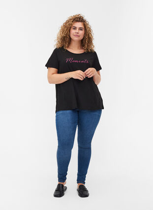 Bomulds t-shirt med a-form og tryk , Black, Model image number 2