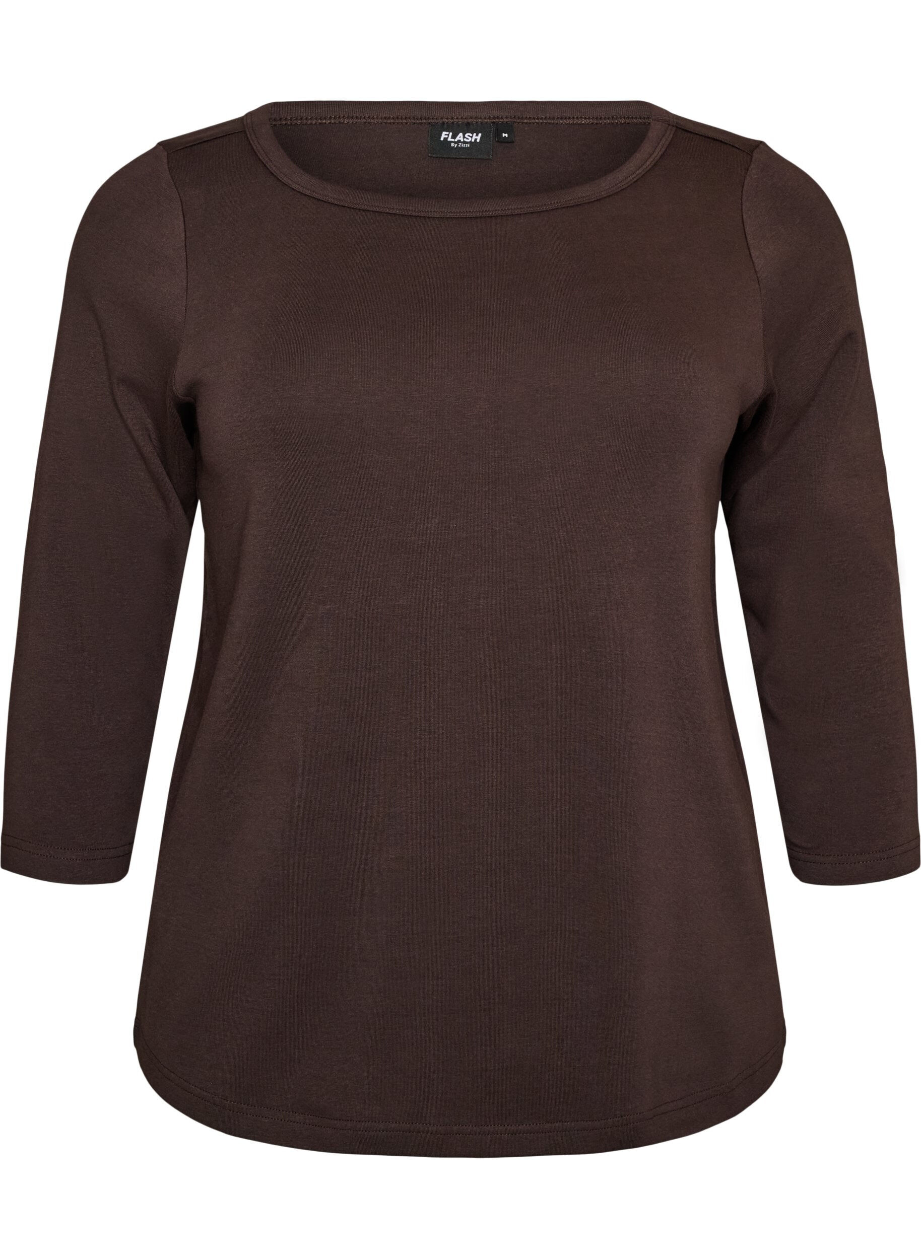 ZizziBasis T-shirt med b&aring;dudsk&aelig;ring og 3/4-&aelig;rmer, Brun, Packshot image number 0