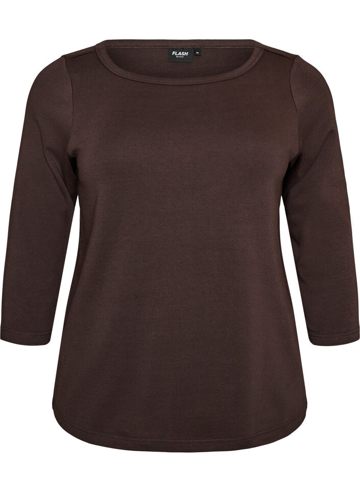 Basis T-shirt med b&aring;dudsk&aelig;ring og 3/4-&aelig;rmer, Brun, Packshot image number 0