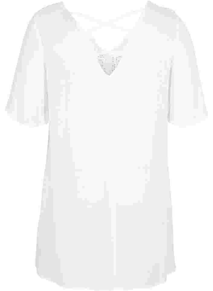 Kortærmet viskose tunika med blondedetaljer, Off White, Packshot image number 1