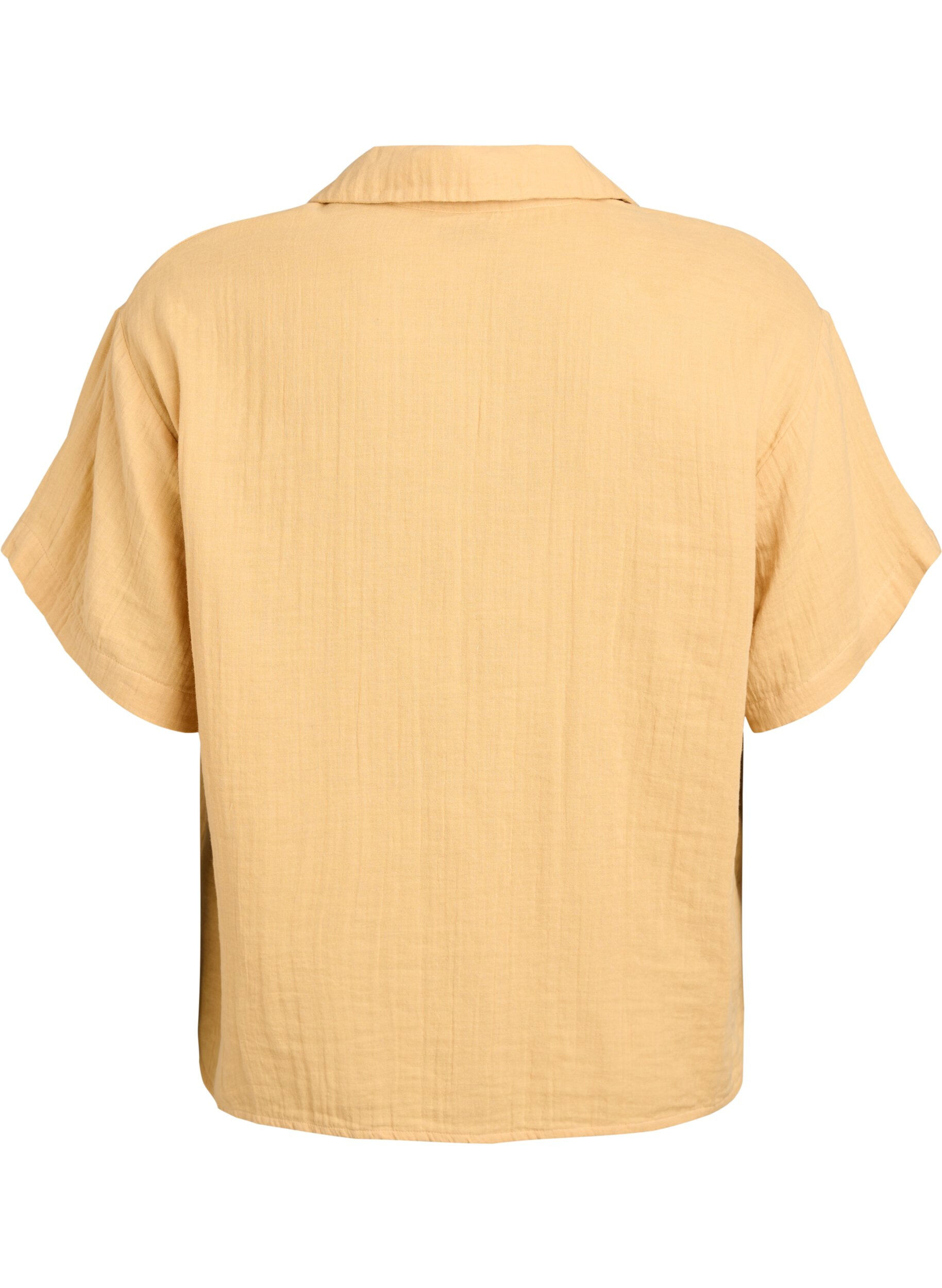 ZizziSkjortebluse i bomuldsmusselin med korte &aelig;rmer, Gul, Packshot image number 1