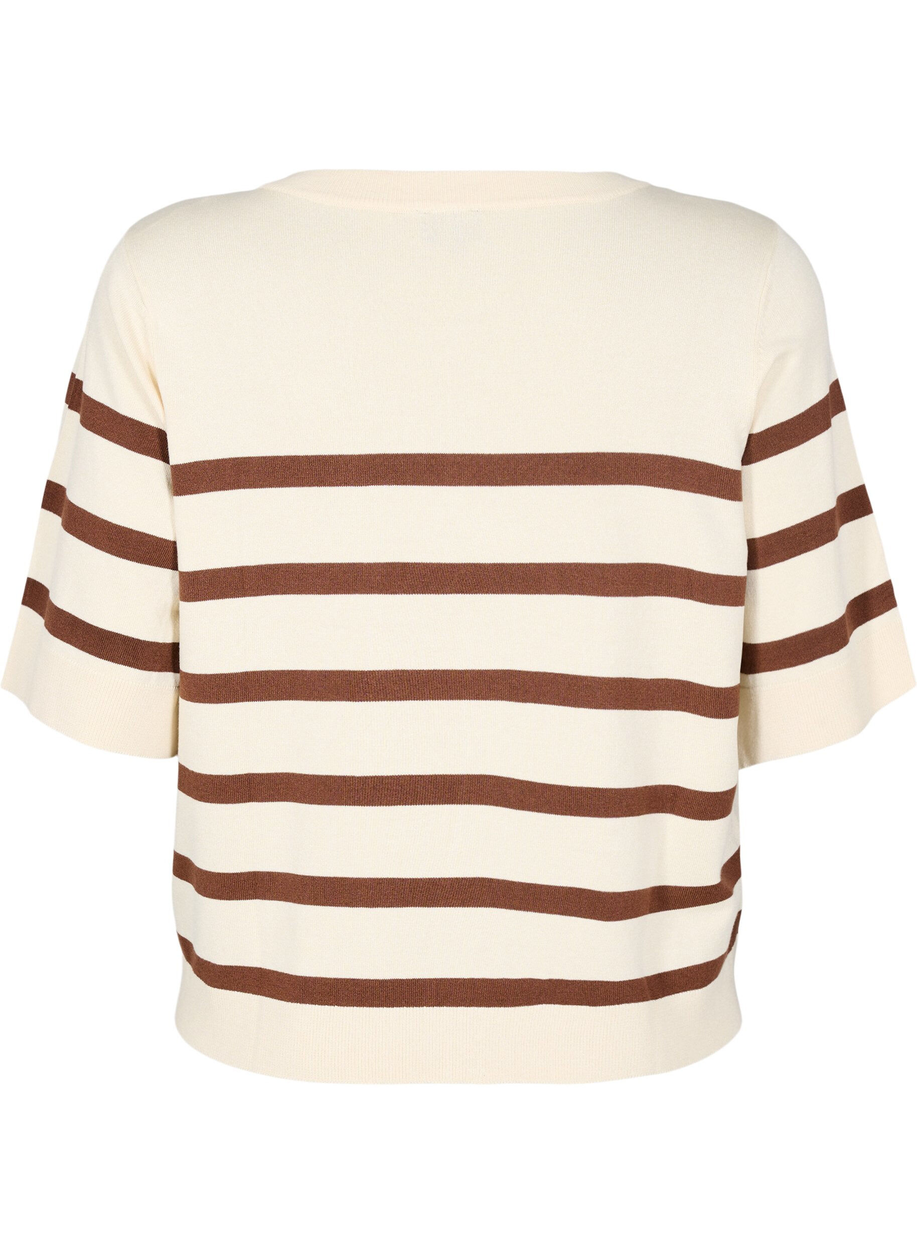 Zizzi Stribet strikbluse med korte &aelig;rmer, Beige, Packshot image number 1