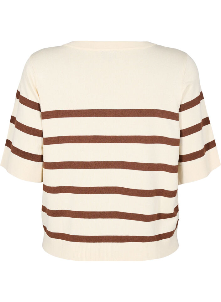 Stribet strikbluse med korte ærmer, Beige, Packshot image number 1