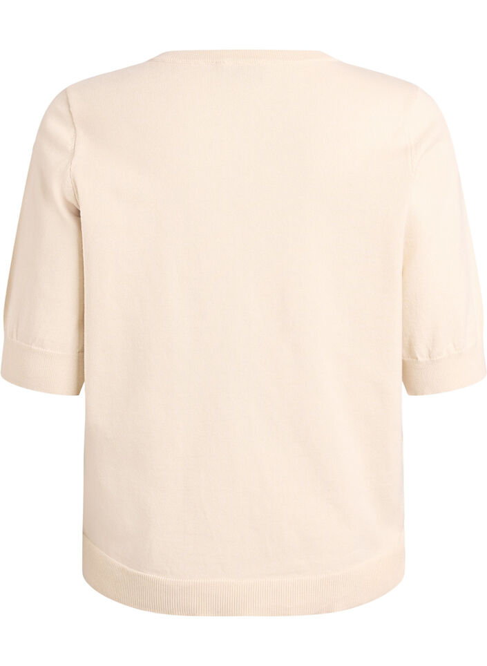 Finstrikket bluse med korte &aelig;rmer, Beige, Packshot image number 1