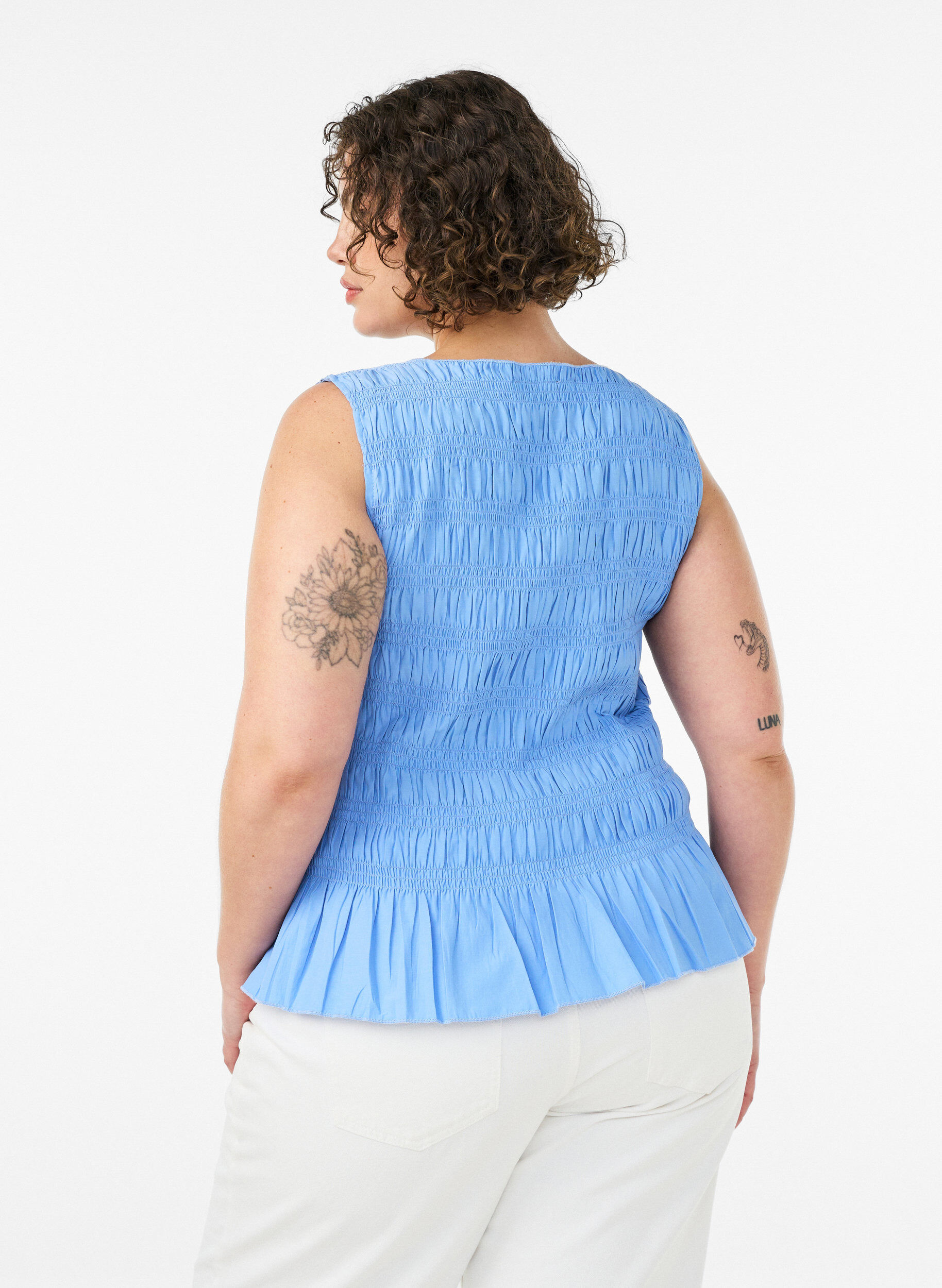 ZizziSmocktop med b&aring;dudsk&aelig;ring og peplumkant, Bl&aring;, Model image number 2