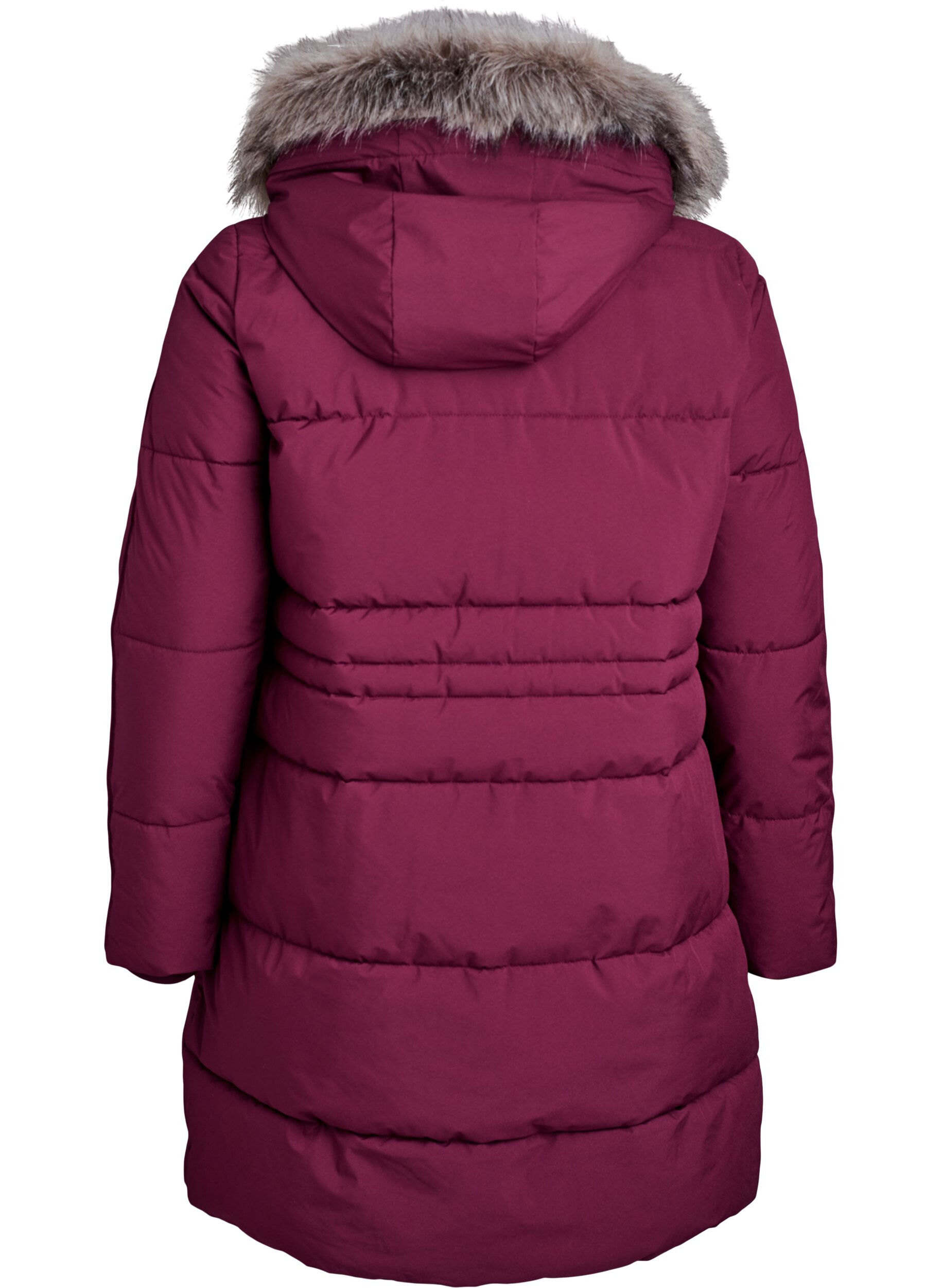 Zizzi Vandafvisende parka med h&aelig;tte og imiteret pelskant, M&oslash;rk Bordeaux, Packshot image number 1
