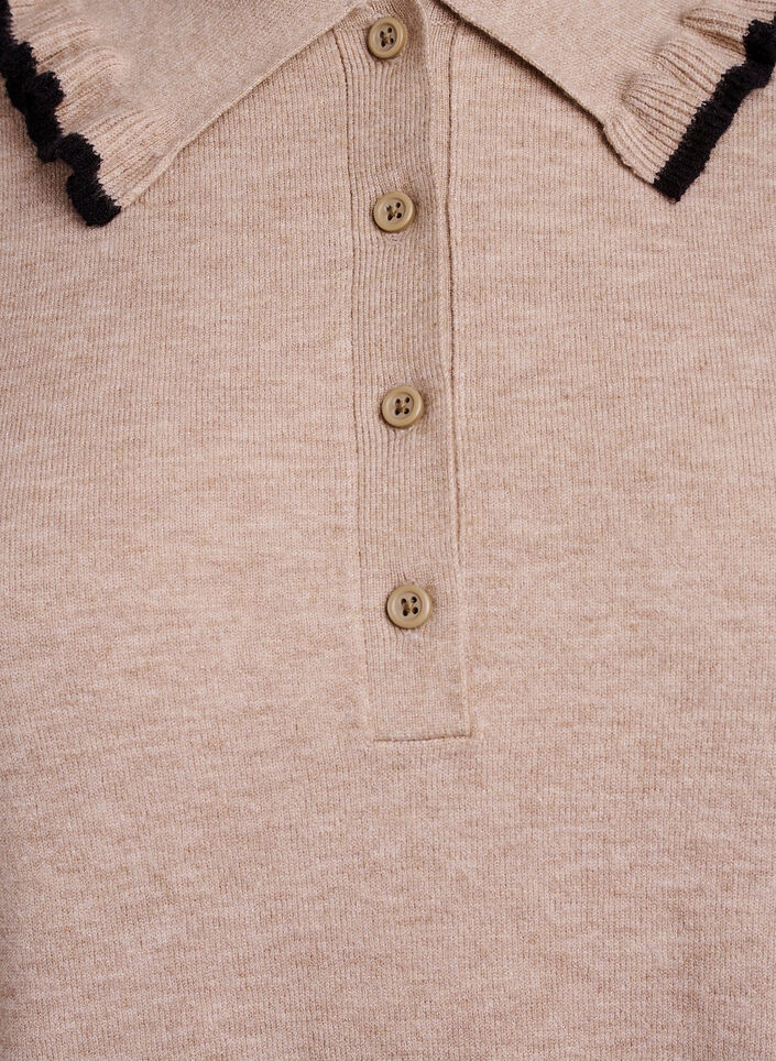 Strikbluse med flæsedekoreret polokrave, Beige, Packshot