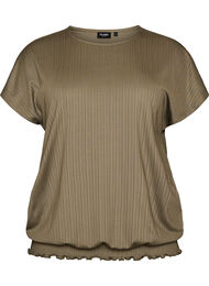 Jerseybluse med strukturstriber og smockkant, Brun