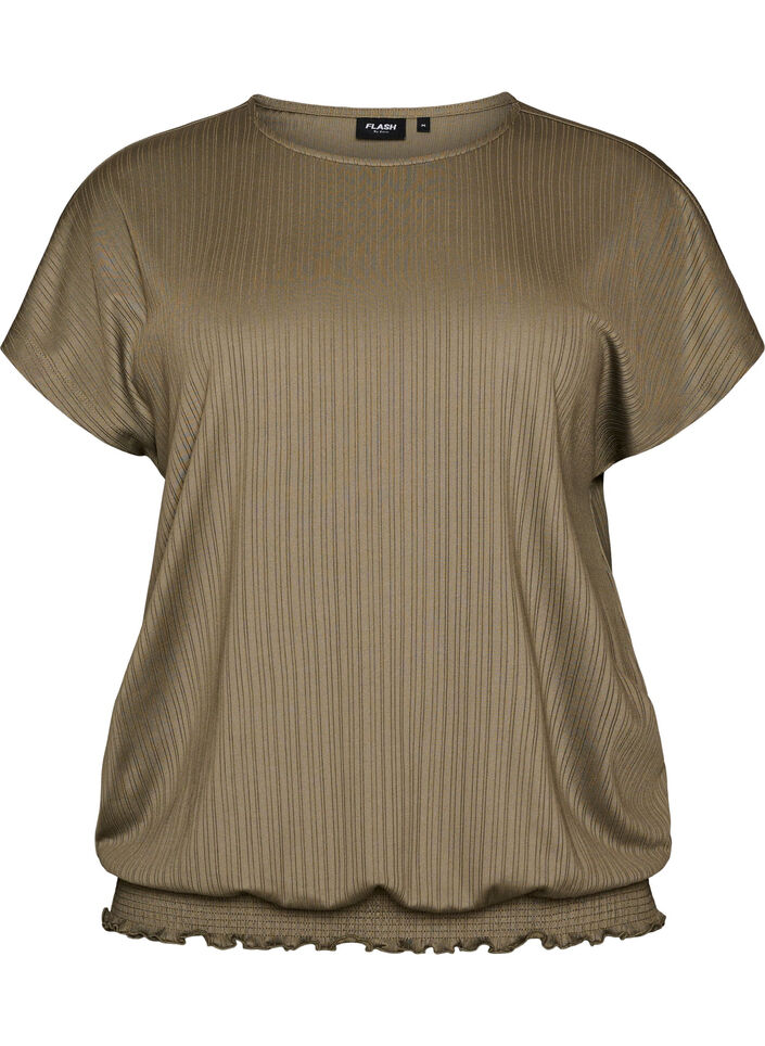 Jerseybluse med strukturstriber og smockkant, Brun, Packshot image number 0