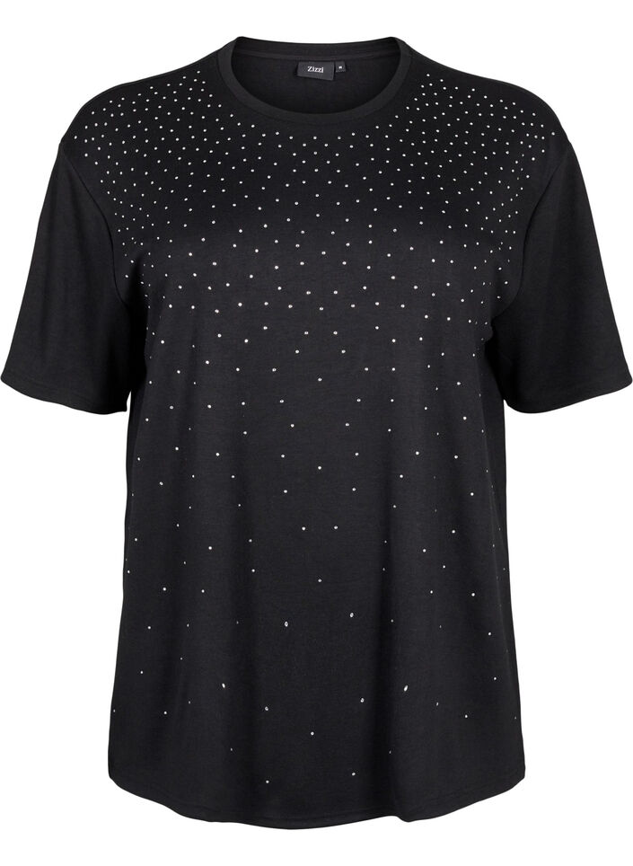 T-shirt med rhinsten og rund hals, Sort, Packshot image number 0