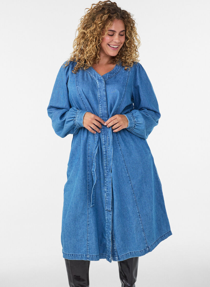 Denimkjole med V-udsk&aelig;ring og bindeb&aring;nd, Bl&aring;, Model image number 0