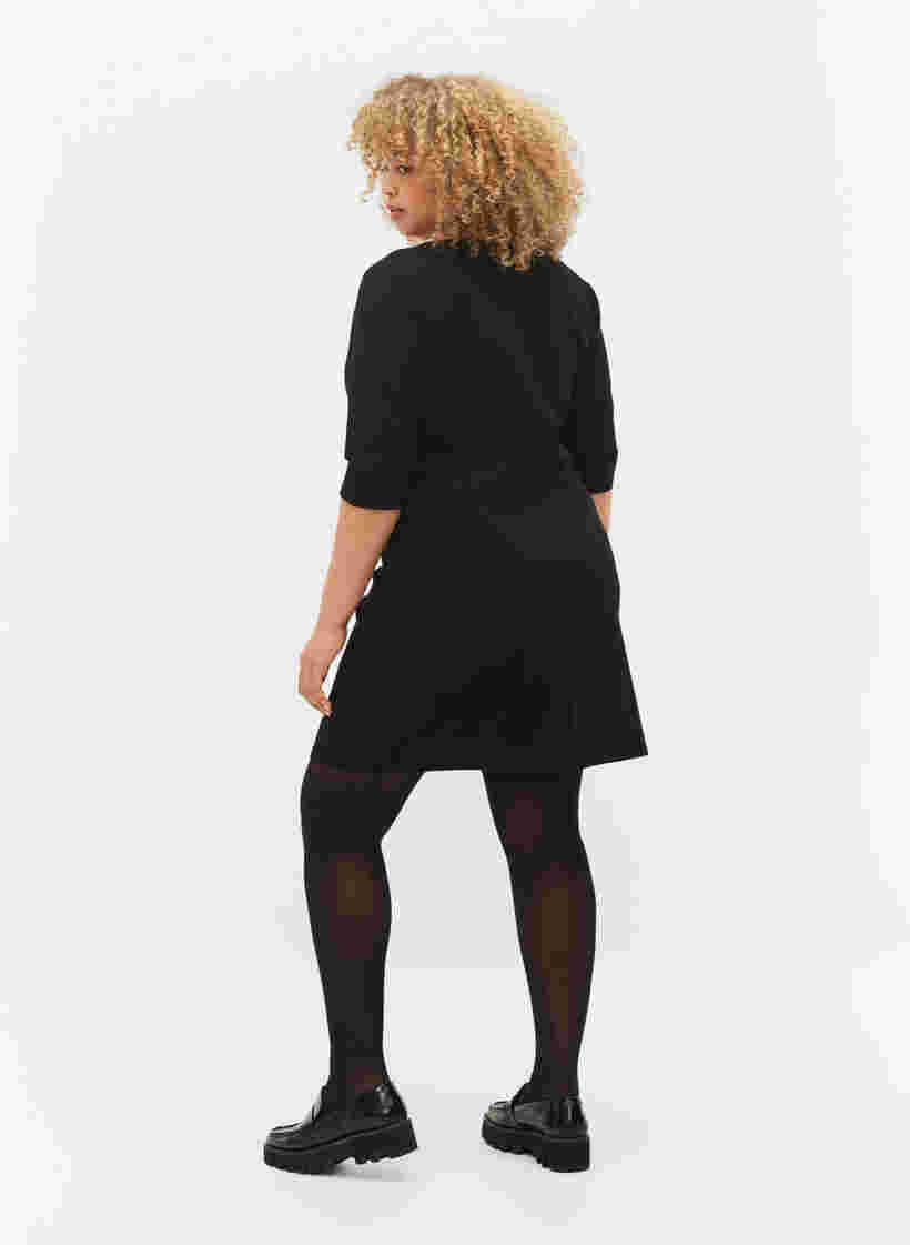 Ensfarvet kjole med 3/4 ærmer og slids, Black, Model image number 1