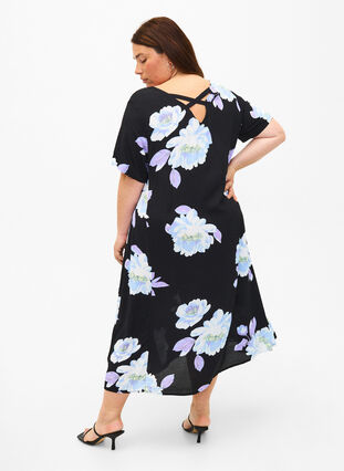 Blomstret kjole med korte ærmer i viskose, Black Big Flower AOP, Model image number 1
