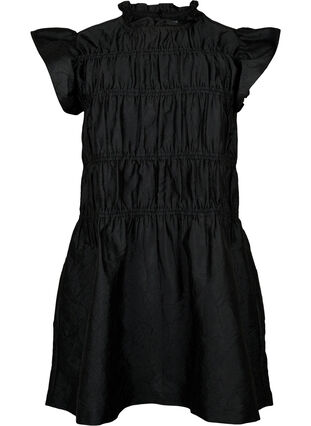 Kjole med flæser og elastiske skæringer, Black, Packshot image number 0